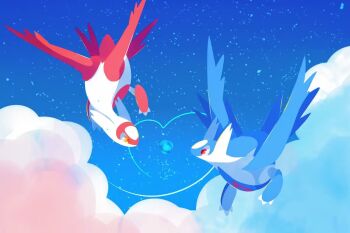 1258265894 blue_background blue_sky claws cloud commentary_request flying gen_3_pokemon heart latias latios legendary_pokemon nintendo no_humans outdoors pokemon pokemon_(creature) red_eyes sky yellow_eyes
