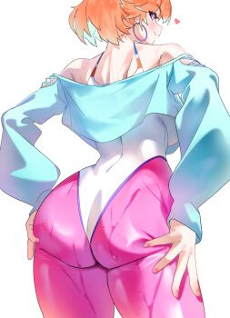 1980s_fashion 1girl absurdres ass commentary cropped_sweater curvy earrings english_commentary from_behind gurumie highleg highleg_leotard highres hololive hololive_english hoop_earrings jewelry leggings leotard looking_at_viewer looking_back off-shoulder_sweater off_shoulder official_alternate_costume orange_hair paid_reward_available pantyhose pink_leggings pink_pantyhose purple_eyes simple_background smile solo sweat sweater takanashi_kiara takanashi_kiara_(fever_night) thick_thighs thighs virtual_youtuber white_background white_leotard