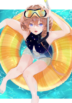 1girl bare_shoulders barefoot black_one-piece_swimsuit blue_eyes braid breasts center_opening crown_braid diving_mask fate/grand_order fate_(series) goggles highres innertube long_hair looking_at_viewer navel one-piece_swimsuit open_mouth orange_hair shimaa482 side_braid small_breasts snorkel solo swim_ring swimsuit van_gogh_(fate) van_gogh_(sink_deeper)_(fate) water white_one-piece_swimsuit