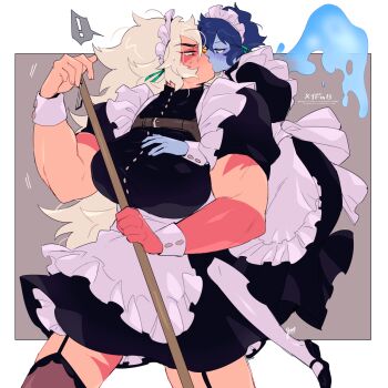 2girls blue_eyes blue_hair blue_skin blush breasts broom carrying colored_skin gram_quartz highres hug hydrokinesis jasper_(steven_universe) kiss lapis_lazuli_(steven_universe) large_breasts looking_at_another looking_back maid maid_headdress monster_girl multiple_girls muscular muscular_female piggyback red_skin scar size_difference steven_universe surprised water white_hair yellow_eyes yuri