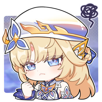 1girl :< bare_shoulders beret blonde_hair blue_eyes braid chibi chibi_only clenched_hand closed_mouth commentary_request cross-shaped_pupils detached_sleeves dot_nose dress facial_mark forehead_mark genshin_impact hand_up hat jiu_fanglianhua long_hair looking_at_viewer nicole_reeyn pointy_ears solo squiggle symbol-shaped_pupils upper_body white_dress white_hat