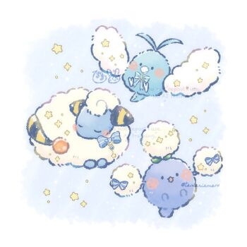 bird blush bow closed_eyes commentary_request gen_2_pokemon gen_3_pokemon highres jumpluff lying mareep nintendo no_humans open_mouth pokemon pokemon_(creature) pokemon_focus sheep sleeping smile star_(symbol) swablu temariame14 twitter_username