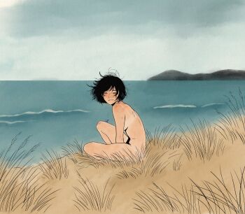 1girl ^_^ absurdres between_legs black_hair closed_eyes commentary_request completely_nude day facing_viewer french_commentary from_side full_body grass hand_between_own_legs highres hoodbiology medium_hair nude ocean on_ground original outdoors sitting smile solo tan tanline