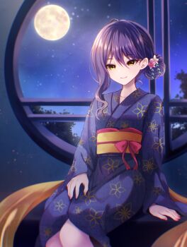 1girl alternate_costume alternate_hairstyle brown_eyes full_moon gina_(gnosia) gnosia hair_between_eyes hair_bun heterochromia japanese_clothes kimono long_sleeves moon night purple_hair rocomani smile solo yukata