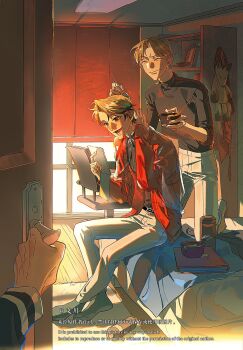1other 2boys :d black_eyes black_shirt blonde_hair book bookshelf chair cheon_inho closed_eyes coat commentary crew_neck curtains english_commentary full_body furrowed_brow hand_on_own_neck highres holding holding_mirror kneeling lee_hakhyun mirror multiple_boys nicayuko omniscient_reader&#039;s_viewpoint open_clothes open_coat open_mouth opening_door painting_(action) pov pov_hands red_coat rug shirt short_hair sitting smile stuffed_animal stuffed_toy sweatdrop wooden_floor