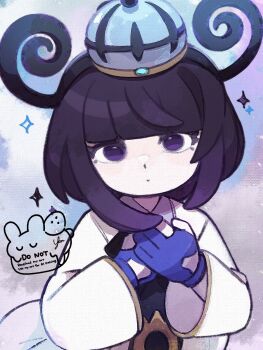 1girl black_dress blunt_bangs coat dress gloves gwynn_(pokemon) hat highres long_sleeves looking_at_viewer nintendo open_clothes open_coat partially_fingerless_gloves pokemon pokemon_legends:_z-a purple_eyes purple_gloves purple_hair short_hair solo upper_body white_coat yknsugar