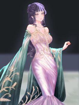 1girl absurdres bare_shoulders black_hair blush breasts cleavage collarbone commentary cowboy_shot dress highres hyuuga_hinata medium_breasts naruto_(series) purple_dress purple_eyes see-through_clothes see-through_dress simple_background smile solo symbol-only_commentary zimo_on