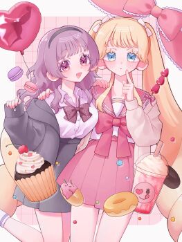Rule 34 | 2girls, :3, :d, :o, aegyo sal, ankle socks, balloon, big hair, black hairband, blonde hair, blue eyes, blunt bangs, blush, border, bow, bowtie, breasts, brown bow, brown bowtie, brown cardigan, candy, cardigan, cardigan partially removed, cherry, collared shirt, colored eyelashes, commentary, cowboy shot, crop top, cropped shirt, cup, cupcake, curly hair, disposable cup, donut, drinking straw, english commentary, expressionless, finger to cheek, flat chest, food, frilled bow, frills, fruit, grey cardigan, grey skirt, grid background, hair bow, hair over shoulder, hairband, hand on another's shoulder, hands up, heart, heart balloon, high-waist skirt, highres, hitose rei, holding, holding balloon, hood, hood down, hooded cardigan, index finger raised, konpeitou, long hair, long sleeves, looking at viewer, macaron, medium breasts, medium hair, miniskirt, multiple girls, open cardigan, open clothes, open mouth, original, outside border, pink background, pink bow, pink bowtie, pink eyes, pink ribbon, pink sailor collar, pink skirt, plaid bow, plaid bowtie, plaid clothes, pleated skirt, puffy long sleeves, puffy sleeves, raised eyebrows, ribbon, sailor collar, school uniform, shirt, side-by-side, sidelocks, simple background, skirt, sleeves past wrists, smile, socks, standing, standing on one leg, strawberry, sweets, swept bangs, tareme, tongue, twintails, very long hair, whipped cream, white border, white bow, white shirt, white socks