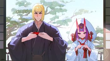 1boy 1girl architecture black_kimono blonde_hair bride east_asian_architecture fate/grand_order fate_(series) groom hetero highres horns husband_and_wife japanese_clothes kimono looking_at_viewer mokana_moka oni purple_eyes purple_hair sakata_kintoki_(fate) shiromuku short_hair shouji shuten_douji_(fate) sliding_doors smile snow uchikake upper_body white_kimono winter