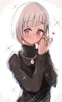 1girl black_sweater chain chain_necklace chromatic_aberration closed_mouth colored_inner_hair commentary_request diagonal_bangs heart jewelry link!_like!_love_live! long_sleeves looking_at_viewer love_live! multicolored_hair necklace notice_lines pink_eyes red_hair simple_background solo sparkle split_mouth streaked_hair sweater syoma_(1026syoma) turtleneck turtleneck_sweater upper_body virtual_youtuber white_background white_hair yugiri_tsuzuri yugiri_tsuzuri_(post-graduation)