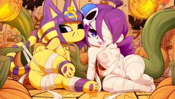 2girls :< abstract_background ahoge ancient_egyptian animal_crossing animal_ears animal_hands ankha_(animal_crossing) arm_support ass bandages black_eyes blue_eyes blue_hair breasts cat_ears cat_tail chibi cleft_of_venus crossover curly_hair curvy eyeshadow furry hair_ornament highres jack-o'-lantern long_hair looking_at_object looking_at_viewer looking_to_the_side lying makeup medium_breasts mrploxykun multiple_girls navel nintendo nipples on_side one_eye_closed one_eye_covered open_mouth original pawpads pumpkin purple_hair pussy short_hair smile tail tentacles uncensored wide_hips zone-tan
