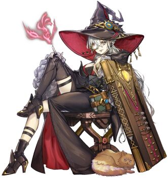 1girl anonymous_(yu-gi-oh!) asymmetrical_footwear asymmetrical_legwear black_dress black_hat book breasts cat cleavage diabellstar_the_black_witch dress duel_monster game_cg grey_eyes grey_hair hat highres large_breasts long_hair monocle official_alternate_costume official_alternate_design official_alternate_hair_length official_alternate_hairstyle official_art oversized_object smile solo stitched third-party_edit third-party_source uneven_footwear uneven_legwear witch witch_hat yu-gi-oh! yu-gi-oh!_master_duel