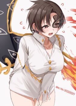 Rule 34 | 1girl, asymmetrical wings, blush, bottomless, breasts, brown eyes, brown hair, brown mask, cleavage, collarbone, collared shirt, commentary request, embarrassed, eyes on wings, fiery wings, half mask, highres, iwanaga ariya, large breasts, long sleeves, looking at viewer, mask, mask over one eye, meimei (meimei89008309), open mouth, shirt, shirt tug, short hair, skeletal clothes, skeletal wings, solo, touhou, white shirt, wings