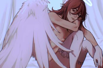 1boy angel_devil_(chainsaw_man) angel_wings chainsaw_man closed_mouth commentary double-parted_bangs english_commentary gloves hair_between_eyes halo highres lace_trim lips looking_to_the_side male_focus medium_hair nipples nude over-kneehighs pectorals red_hair sideways_glance sitting solo thighhighs unholyrodeo white_gloves white_wings wings yellow_halo