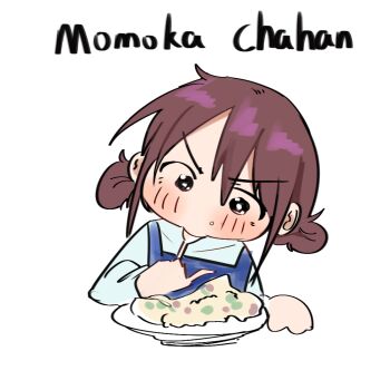 1girl blue_shirt blush brown_hair chibi chibi_only chinese_commentary commentary_request eating food food_on_face girls_band_cry haidao_mao iseri_nina long_sleeves low_twintails shirt short_hair short_twintails simple_background solo twintails white_background yurie_mouth