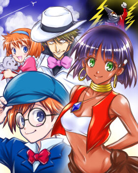 2girls akatsuki_akira blue_eyes breasts closed_mouth cloud dark-skinned_female dark_skin earrings fushigi_no_umi_no_nadia gargoyle_(nadia) green_eyes hair_ornament highres jean_roque_lartigue jewelry king_(nadia) looking_at_viewer marie_en_carlsberg midriff multiple_boys multiple_girls nadia_la_arwall neck_ring necklace open_mouth purple_hair sanson_(nadia) short_hair smile strapless tube_top vest