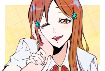 Rule 34 | bleach, brown eyes, hair ornament, hairclip, hand on another's cheek, hand on another's face, highres, inoue orihime, karakura high school uniform, kurosaki ichigo, long hair, n (nauki 11), one eye closed, open mouth, orange hair, ribbon, school uniform, simple background, upper body