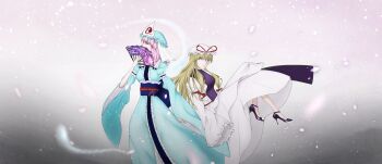 Rule 34 | 2girls, armband, blonde hair, bow, breasts, covering own mouth, dd tachibana, dress, expressionless, floating, frilled sleeves, frills, goshoguruma, gradient background, hair bow, hat, hat ribbon, high heels, highres, hitodama, japanese clothes, kimono, long hair, long sleeves, looking afar, looking at viewer, mob cap, multiple girls, obi, petals, pink eyes, pink hair, puffy long sleeves, puffy sleeves, purple footwear, ribbon, saigyouji yuyuko, saigyouji yuyuko's fan design, sash, shippou (pattern), shoes, standing, tabard, touhou, triangular headpiece, veil, very long hair, white dress, wide sleeves, yakumo yukari, yellow eyes