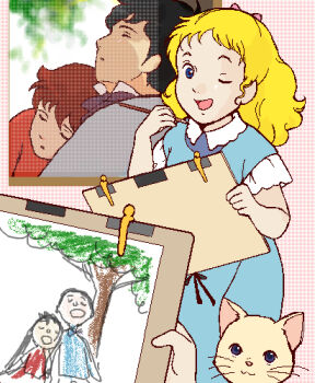 1boy 2girls amy_march black_hair blonde_hair blue_dress blue_eyes brown_hair cat drawing dress josephine_march milky_ann multiple_girls one_eye_closed open_mouth red_dress sleeping white_cat wink