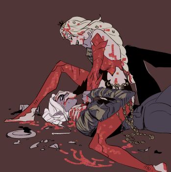 2girls alcohol baldur&#039;s_gate baldur&#039;s_gate_3 bare_shoulders blonde_hair bodysuit braid broken brown_background clothing_cutout covering_another&#039;s_mouth crazy_grin dark_elf detached_sleeves dungeons_&amp;_dragons dungeons_&amp;_dragons elf hair_bun hand_on_another&#039;s_face highres hip_vent holding_another&#039;s_wrist j_jsh long_hair looking_at_another low-braided_long_hair low-tied_long_hair lying minthara multiple_girls on_back orin_the_red plate pointy_ears red_bodysuit shards short_hair single_braid single_hair_bun sitting sitting_on_chest sitting_on_person spill white_hair wine