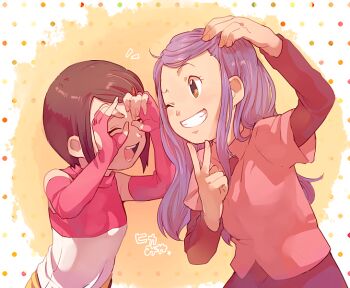 Rule 34 | 2girls, breasts, brown eyes, brown hair, digimon, digimon adventure, digimon adventure 02, gloves, inoue miyako, long hair, multiple girls, one eye closed, open mouth, purple hair, short hair, smile, t k g, v, yagami hikari