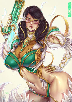 1girl bayonetta bayonetta_(series) bayonetta_3 breasts cowboy_shot fake_claws feathers glasses gun hand_on_own_hip hand_up holding holding_gun holding_weapon kachima large_breasts mole mole_under_mouth navel revealing_clothes simple_background solo standing weapon