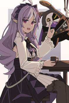 1girl absurdres ahoge ascot border bow bowtie breast_curtains breasts center_frills commentary_request cup drill_hair fang frills from_side hairband hand_up highres holding holding_cup index_finger_raised long_hair looking_at_viewer medium_breasts open_mouth pointy_ears purple_ascot purple_background purple_bow purple_bowtie purple_hair purple_hairband purple_nails red_eyes robin_(zenless_zone_zero) shrug_(clothing) sitting skin_fang table vivian_banshee white_border white_shrug zenless_zone_zero zp_(276878679)