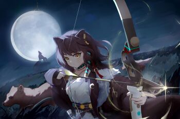 1girl animal animal_ears arknights arrow_(projectile) black_hair bow_(weapon) chinese_commentary closed_mouth commentary_request full_moon fur_trim hair_ornament highres holding holding_weapon infection_monitor_(arknights) long_hair looking_at_viewer lunacub_(arknights) magic moon night outdoors shirt solo tassel tassel_hair_ornament w020309449 weapon white_shirt yellow_eyes