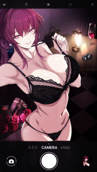 1girl alcohol bag black_bra black_panties box bra breasts cleavage commentary commentary_request condom condom_wrapper cup english_commentary fake_phone_screenshot fake_screenshot flower gift gift_box handbag highres honkai:_star_rail honkai_(series) kafka_(honkai:_star_rail) large_breasts medium_hair mixed-language_commentary navel panties purple_eyes purple_hair red_flower red_rose rose saint_laurent_paris selfie smile solo stomach table translation_request underwear underwear_only wine