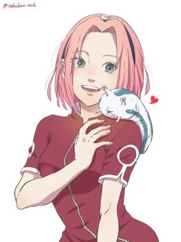 1girl absurdres breasts dress green_eyes hairband haruno_sakura highres katsuyu_(naruto) light_blush medium_breasts naruto_(series) open_mouth parted_bangs pink_hair red_dress sakulove_sssk short_hair short_sleeves slug smile thighhighs twitter_username upper_body white_background white_thighhighs