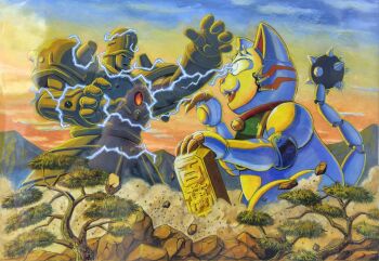 bell claws commentary_request duel dust dust_cloud electricity eye_beam fangs golem highres jingle_bell maneki-neko mecha mizutani_kenta neck_bell no_humans open_mouth outdoors robot rock sky spiked_tail standing sunrise tail tengai_makyou tengai_makyou_zero tree