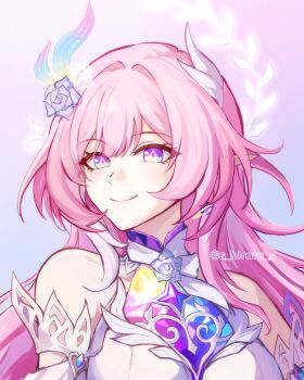 1girl absurdres bare_shoulders breasts commentary cyrene_(honkai:_star_rail) cyrene_(ripples_of_past_reverie)_(honkai:_star_rail) diamond-shaped_pupils diamond_(shape) earrings flower hair_flower hair_ornament highres honkai:_star_rail honkai_(series) jewelry large_breasts long_hair looking_at_viewer multicolored_hair pink_hair pointy_ears purple_eyes s_hirata_s smile solo symbol-only_commentary symbol-shaped_pupils two-tone_hair upper_body very_long_hair white_hair