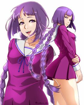 1girl absurdres arms_behind_back ass boruto:_naruto_next_generations braid breasts commentary_request dress highres kakei_sumire long_hair long_sleeves low_twin_braids naruto_(series) open_mouth pleated_dress purple_dress purple_eyes purple_hair saburo_des short_dress short_hair_with_long_locks small_breasts smile twin_braids twitter_username very_long_hair