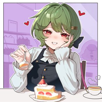 1girl absurdres black_bow black_vest blush border bow bowtie breasts buttons cake cake_slice chair cleavage commentary_request cup curryman_(curryman06) fingernails food green_hair hair_ornament hairclip hands_up head_rest heart highres joanne_(trickcal) korean_commentary large_breasts long_sleeves looking_at_viewer outline parted_lips puffy_sleeves red_eyes saucer shirt sitting sleeves_past_wrists smile solo strawberry_shortcake table teacup trickcal upper_body vest white_border white_bow white_bowtie white_outline white_shirt
