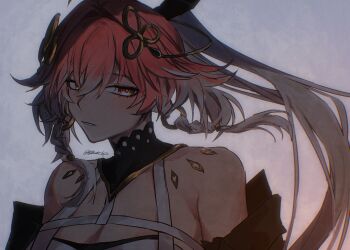 1girl black_collar body_markings braid breasts changli_(wuthering_waves) cleavage collar commentary hair_between_eyes hair_extensions hair_ornament highres long_hair looking_at_viewer medium_breasts multicolored_hair orange_eyes parted_lips pink_hair portrait ring_hair_extensions solo symbol-only_commentary takamatu_hajime twin_braids two-tone_hair white_hair wuthering_waves