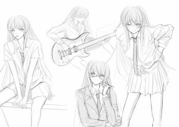 Rule 34 | 1girl, bang dream!, bang dream! it's mygo!!!!!, blush, chihaya anon, chinese commentary, closed mouth, commentary request, electric guitar, fang, food, food in mouth, funame111, greyscale, guitar, haneoka school uniform, highres, instrument, jacket, long hair, monochrome, multiple views, necktie, pleated skirt, pocky, pocky in mouth, school uniform, shirt, short sleeves, simple background, skirt, white background