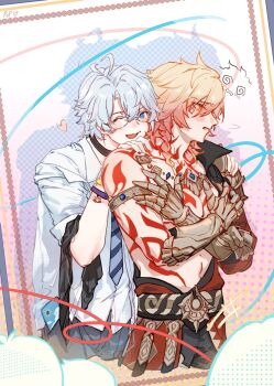 2boys alternate_costume antenna_hair arm_tattoo armlet black_choker black_coat black_pants blonde_hair blue_eyes braid chest_tattoo chinese_commentary choker chrysos_heirs_school_uniform clawed_gauntlets coat collared_shirt commentary_request covering_body earrings embarrassed ezi6570766 facial_tattoo glasses gold_earrings gold_necklace gradient_hair hands_on_another's_shoulders highres honkai:_star_rail honkai_(series) jewelry male_focus medium_hair multicolored_hair multiple_boys mydei_(honkai:_star_rail) necklace necktie one_eye_closed open_clothes open_coat pants parted_bangs phainon_(honkai:_star_rail) phone_in_pocket purple_necktie red_hair red_tattoo school_uniform shirt short_hair side_braid striped_clothes striped_necktie tattoo white_hair white_shirt yellow_eyes