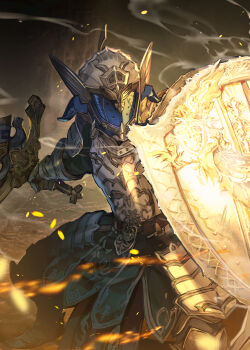 1other absurdres armor belt black_background black_pants black_shirt blue_visor breastplate commentary_request commission covered_face embers faceless facing_to_the_side faulds fighting_stance final_fantasy final_fantasy_xiv gauntlets gold_trim helmet hide_(hideout) highres holding holding_shield holding_sword holding_weapon huge_weapon knight loincloth long_sleeves pants pauldrons shield shirt shoulder_armor skeb_commission smoke solo strap sword weapon white_armor winged_helmet wings