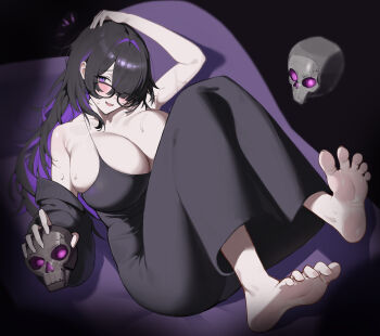 Rule 34 | 1girl, absurdres, bao bbbbb, barefoot, black hair, blush, breasts, feet, glasses, goddess of victory: nikke, hair over one eye, highres, label (nikke), large breasts, long hair, looking at viewer, multicolored hair, open mouth, purple eyes, skull, soles, streaked hair, sweat, toes