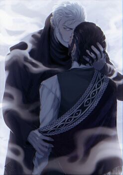 2boys beard blackberreh-art coat commentary earrings elias_bouchard english_commentary eyelashes facial_hair fog highres jewelry kiss male_focus multiple_boys old old_man pale_skin peter_lukas shirt sweater the_magnus_archives vest white_hair white_shirt yaoi