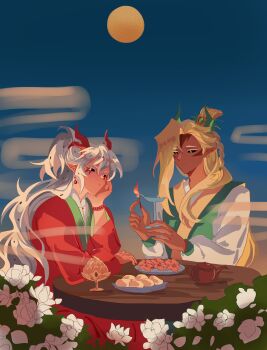 Rule 34 | 2others, absurdres, adam's apple, ananas dragon cookie, asymmetrical bangs, bad id, bad lofter id, bead bracelet, beads, blonde hair, blue sky, bracelet, braid, bush, chinese clothes, closed mouth, colored eyelashes, colored skin, cookie run, cookie run: ovenbreak, cowboy shot, curtained hair, dark skin, double-parted bangs, dragon horns, earrings, elbows on table, expressionless, eyes visible through hair, facial mark, flower, food, food-themed hair, gem, geruideyundongxie, gold earrings, green gem, green hanfu, green horns, hair behind ear, hair between eyes, hair over one eye, hair tie, hand up, hands up, hanfu, high ponytail, highres, holding, holding matchstick, horns, humanization, jewelry, light frown, long hair, long sleeves, looking at object, looking at viewer, looking down, multiple others, other focus, outdoors, pink skin, pitaya dragon cookie, plate, pointy ears, ponytail, puffy long sleeves, puffy sleeves, raglan sleeves, red hanfu, red horns, rose, round table, short ponytail, sidelocks, simple background, single braid, sitting, sky, table, teapot, thick eyebrows, tsurime, underlighting, v-shaped eyebrows, white eyelashes, white eyes, white flower, white hair, white rose, white sleeves, wide sleeves, wooden table, yellow eyes, yellow trim