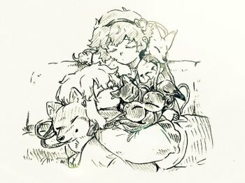 Rule 34 | 2girls, :o, animal, animal on shoulder, bird, blouse, blush, buttons, cat, closed eyes, closed mouth, collared shirt, commentary request, couch, crow, cuddling, curled up, dog, dot mouth, expressionless, fox, frilled shirt collar, frilled sleeves, frills, hair ornament, hairband, hatching (texture), head rest, head tilt, heart, heart button, heart hair ornament, holding, holding animal, hug, kaenbyou rin, kaenbyou rin (cat), komeiji family (touhou), komeiji koishi, komeiji satori, linear hatching, lizard, long sleeves, lying, lying on lap, lying on person, medium hair, menotama, missing headwear, monochrome, multiple girls, multiple tails, on back, on couch, own hands together, reiuji utsuho, reiuji utsuho (bird), ribbon trim, shirt, short hair, siblings, sisters, sitting, skirt, sleeping, tail, tail wrap, third eye, touhou, traditional media, two tails, whiskers, wide sleeves