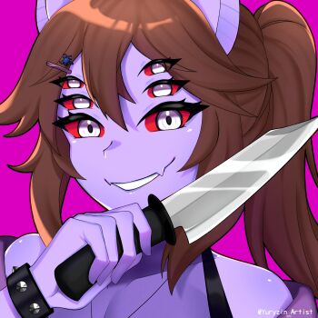 animal_ears arthropod_girl bat_ears bracelet brown_hair colored_skin dante_will dante_will_(spider) extra_eyes hair_ornament hairclip highres holding holding_knife insect_girl jewelry knife monster_girl neobaka portuguese_commentary purple_skin smile spider_girl spider_hair_ornament spiked_bracelet spikes yuryzin_artist