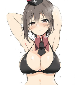 Rule 34 | 10s, 1girl, adapted uniform, araki kanao, arms behind back, bad id, bad pixiv id, bikini, black bikini, black hat, black necktie, blush, breasts, brown eyes, brown hair, cleavage, detached collar, female focus, garrison cap, girls und panzer, hat, kuromorimine military uniform, large breasts, looking at viewer, military hat, necktie, nishizumi maho, parted lips, short hair, short necktie, simple background, sketch, solo, standing, sweat, swimsuit, upper body, white background