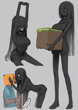 1boy 1girl absurdres bare_arms bare_shoulders black_hair black_skin black_sweater block_(minecraft) breasts closed_eyes colored_skin commentary_request dark-skinned_male dark_skin enderman eye_contact grass_block grey_background highres large_breasts long_hair looking_at_another minecraft multiple_views open_mouth personification pink_eyes pumpkin_hat simple_background sitting sleeveless sleeveless_sweater standing steve_(minecraft) stretching sweater turtleneck turtleneck_sweater uranosebi yawning