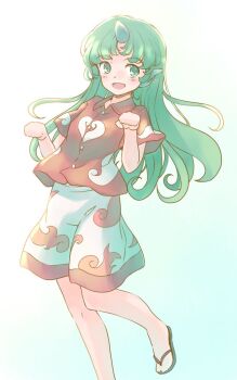 1girl :d blush buttons clenched_hands collared_shirt commentary_request foot_out_of_frame green_eyes green_hair hands_up horns knees komainu_ears komainu_girl komano_aunn long_hair one-hour_drawing_challenge open_mouth rangycrow red_shirt sandals shirt short_sleeves shorts sideways_glance single_horn smile solo touhou white_background white_shorts