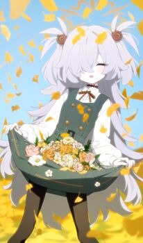 1girl bags_under_eyes black_pantyhose blue_archive brown_halo closed_eyes clothes_lift commentary diagonal-striped_ribbon dress flower ginkgo_leaf gulim hair_over_one_eye halo highres kanoe_(blue_archive) leaf lifting_own_clothes long_hair mojyo orange_halo pantyhose petals pinafore_dress scar scar_on_neck skirt skirt_basket skirt_hold sleeveless sleeveless_dress smile solo symbol-only_commentary two_side_up