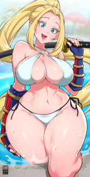 1girl armor artist_logo bayeuxman beatrix_amerhauser bikini blonde_hair blue_eyes blue_gloves breasts commentary_request fingerless_gloves gloves highres holding holding_sword holding_weapon japanese_armor katana kote large_breasts logo long_hair looking_at_viewer navel open_mouth ponytail poolside side-tie_bikini_bottom smile solo swimsuit sword teeth upper_teeth_only very_long_hair water weapon white_bikini zom_100:_zombie_ni_naru_made_ni_shitai_100_no_koto