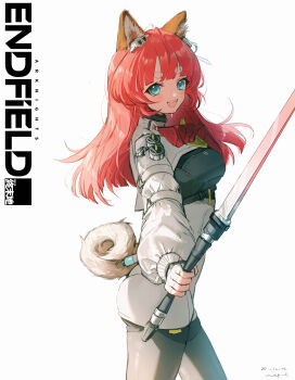 1girl :d absurdres akekuri_(arknights) animal_ears arknights arknights:_endfield blue_eyes commentary copyright_name cowboy_shot dated english_commentary grey_pantyhose grey_tail highres holding holding_sword holding_weapon jacket jewelry light_blush long_hair long_sleeves looking_at_viewer open_mouth pantyhose pppmepl red_hair ring simple_background smile solo standing sword tail weapon white_background white_jacket