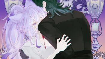 2boys ahoge animal_ears bare_arms black_gloves black_jacket blood blood_on_neck cat_boy cat_ears chinese_commentary chromatic_aberration collarbone collared_shirt colored_eyelashes commentary_request covered_mouth double-parted_bangs flipped_hair floral_background flower from_behind gatling_pea_(plants_vs._zombies) gloves green_hair hair_between_eyes hand_on_another&#039;s_shoulder hand_up high_ponytail highres huge_ahoge jacket kemonomimi_mode long_hair long_hair_between_eyes male_focus medium_hair multiple_boys one_eye_closed pale_skin personification plants_vs._zombies plants_vs._zombies_2 ponytail purple_background purple_eyes purple_flower purple_hair shadow_peashooter_(plants_vs._zombies) shirt sidelocks siiiiiiiiiii simple_background sweatdrop trap upper_body very_long_hair white_eyelashes white_shirt